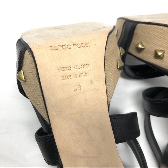 SERGIO ROSSI black leather & fabric, ankle wrap sandals, size 39, made in Italy - Picture 12 of 15